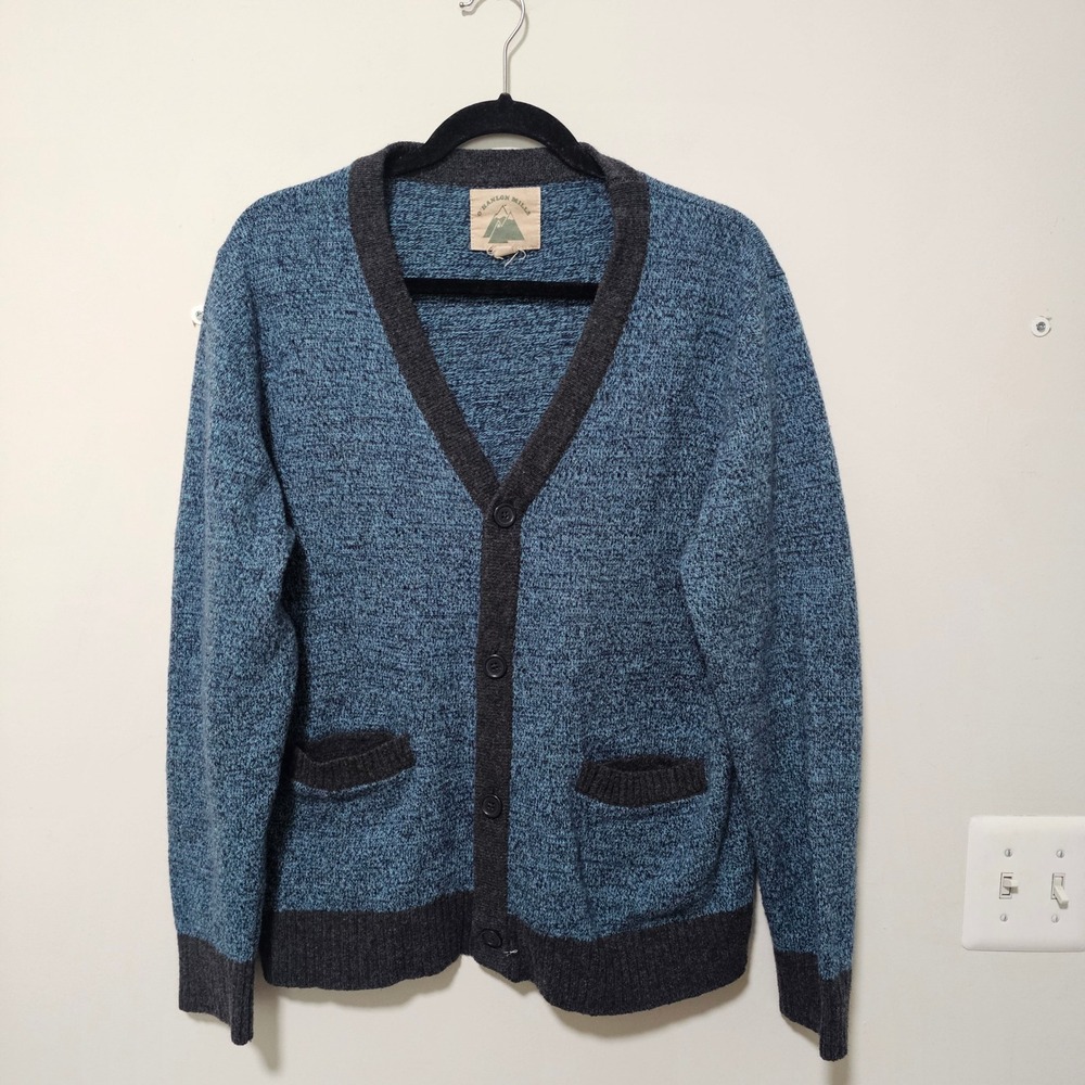 Mens Wool Blend Cardigan‎ Sweater Blue Grey Wool Blend V-Neck Button Front Large